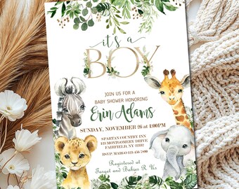 Safari Baby Shower Invitation, Editable invitation You Edit, It's a BOY tropical jungle animals shower, greenery  gold INSTANT DOWNLOAD P155