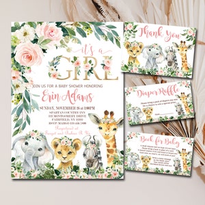 Editable Girl Safari Baby Shower Invitation bundle set, invite template, Plus Book for Baby, Diaper Raffle, Thank You, you print kit, P158