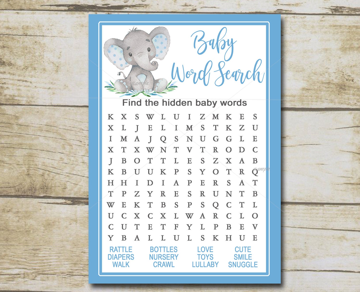 Boy Elephant Baby Shower Game Word Search Game Blue Elephant Boy