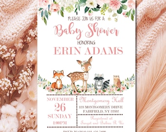 Woodland Baby Shower Invitation, Pink Floral Forest Animals, Editable Template (Digital Download) P116