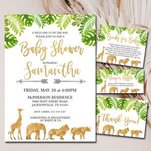 Safari Baby Shower Invitation set, Editable invite template Book for Baby, Diaper Raffle & Thank You, Greenery Jungle animal Baby Shower P33