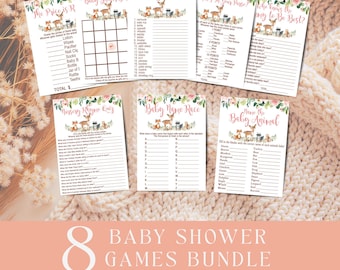 Forfait de jeu de fille de douche de bébé des bois, 8 jeux imprimables, ensemble de fête de jeu de baby shower d'animaux de la forêt rose, téléchargement immédiat imprimable P116