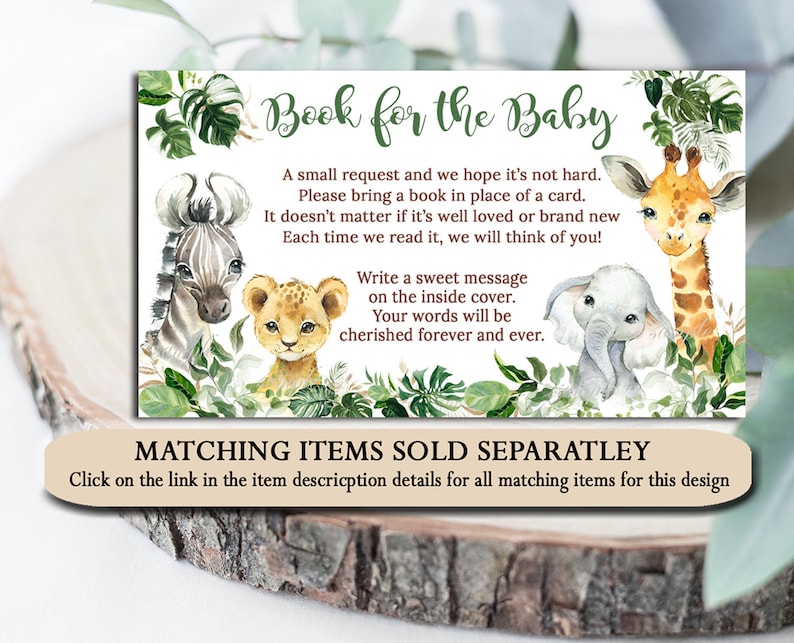 Peut inclure: Une carte blanche avec des feuilles vertes et des illustrations d'animaux. Le texte indique "Book for the Baby". Une petite demande et nous esp&eacute;rons que ce n'est pas difficile. Veuillez apporter un livre &agrave; la place d'une carte. Peu importe qu'il soit bien aim&eacute; ou neuf. Chaque fois que nous le lisons, nous penserons &agrave; vous ! &Eacute;crivez un message doux sur la couverture int&eacute;rieure. Vos mots seront ch&eacute;ris pour toujours et &agrave; jamais. Articles assortis vendus s&eacute;par&eacute;ment. Cliquez sur le lien dans les d&eacute;tails de la description de l'article pour tous les articles assortis de ce design.