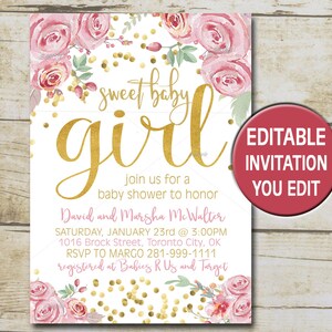 Gold Confetti Baby Shower Invitation Editable , floral baby shower invitation, rose pink baby shower invitation INSTANT DOWNLOAD P17