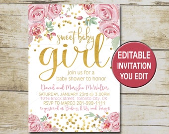 Gold Confetti Baby Shower Invitation Editable , floral baby shower invitation, rose pink baby shower invitation INSTANT DOWNLOAD P17