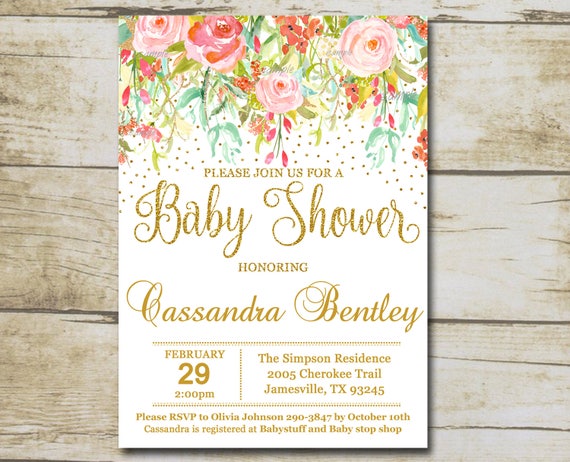Floral Gold Baby Shower Invitation Template, Editable Invitation.