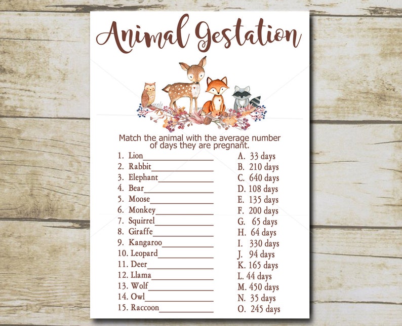 Woodland Baby Shower Game Animal Gestation Game Animal Etsy Woodland Baby Shower Game Animal Gestation Game Animal Etsy