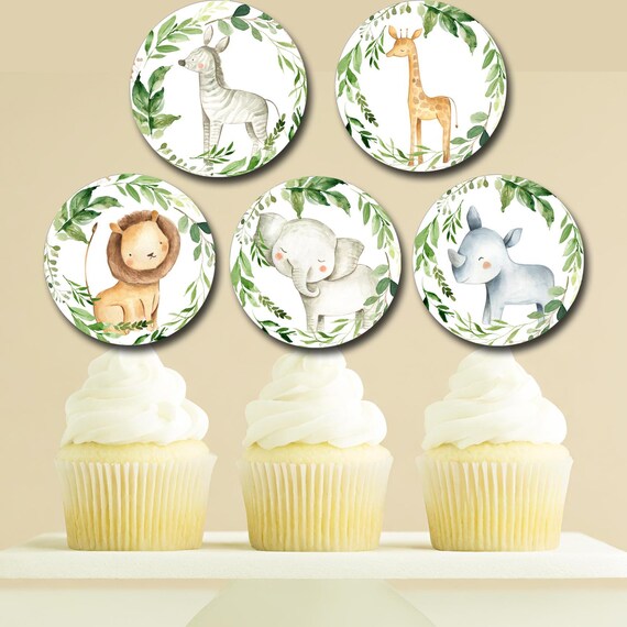 Safari Animals Cupcake toppers, Greenery Jungle Animal labels, Safari decoration, Baby Shower, Birthday Printable INSTANT DOWNLOAD P124