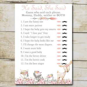 Girl Woodland Baby Shower Game, He Said She Said Game, Mommy or Daddy Baby Shower quiz, Boho Woodland Forest animals, Instant Download P72