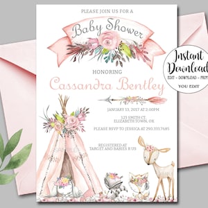 Girl Woodland Baby Shower Invitation template, Editable invitation, Boho Pink Teepee Printable invite forest animals Woodland Animal P72