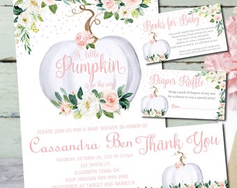May include: A baby shower invitation with a white pumpkin and pink flowers. The text reads "A little pumpkin is on the way".