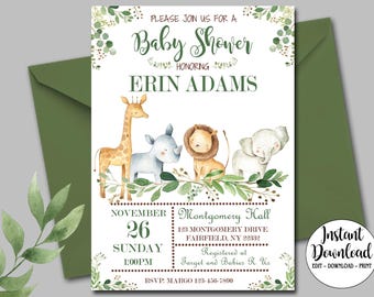 May include: A baby shower invitation with a jungle theme. The invitation features a giraffe, rhino, lion, and elephant with green foliage. The text on the invitation reads "Please join us for a Baby Shower honoring Erin Adams".