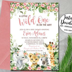 Editable Jungle Safari Baby Shower Invitation, Safari wild one safari invitation girl, digital printable DIY INSTANT DOWNLOAD P156