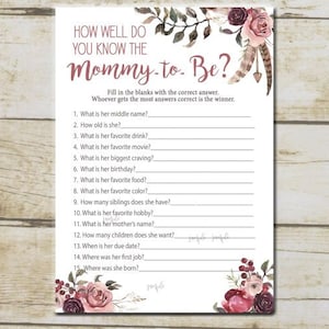 How Well Do You Know Mommy  Baby Shower Game, Who Knows Mommy Best, BOHO game quiz, know the mommy to be, Printable Instant Download P70