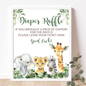 Safari Diaper Raffle sign, Tropical jungle animals Baby Shower INSTANT DOWNLOAD  Matches invitation P155