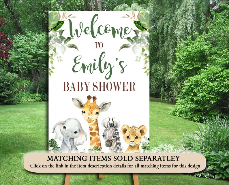 Peut inclure: Panneau de bienvenue pour la f&ecirc;te pr&eacute;natale d'Emily sur le th&egrave;me de la jungle. Le panneau repr&eacute;sente une girafe, un &eacute;l&eacute;phant, un z&egrave;bre et un lion avec de la v&eacute;g&eacute;tation verte.