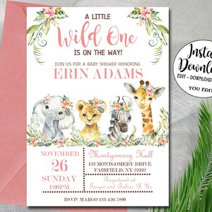 Safari Baby Shower Invitation, Editable invitation You Edit, Tropical jungle animals shower, pink wild one girl, INSTANT DOWNLOAD P156