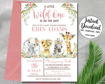 May include: A pink and white baby shower invitation with a jungle theme. The invitation features a giraffe, zebra, lion, and elephant with floral headbands. The text reads "A Little Wild One is on the Way!" and includes the name "Erin Adams".