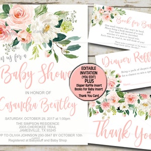 Blush Pink Floral Baby Shower Invitation Template Bundle kit , Editable invitation, Printable Boho Pink baby girl invite set P104