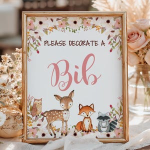 Letrero de juego para decorar un babero con animales del bosque, actividad para baby shower de niña con animales del bosque, letrero para decorar un babero imprimible, DESCARGA INMEDIATA P01A