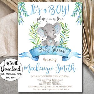 Blue Elephant Baby Shower Invitation Editable, It's a Boy Baby Shower, Safari Baby shower invitation, Editable invite INSTANT DOWNLOAD P19