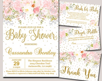 Pink and Gold Confetti Baby Shower Invitation set, Girl Editable invitation, Books for Baby, Diaper Raffle & Thank You, INSTANT DOWNLOAD P55