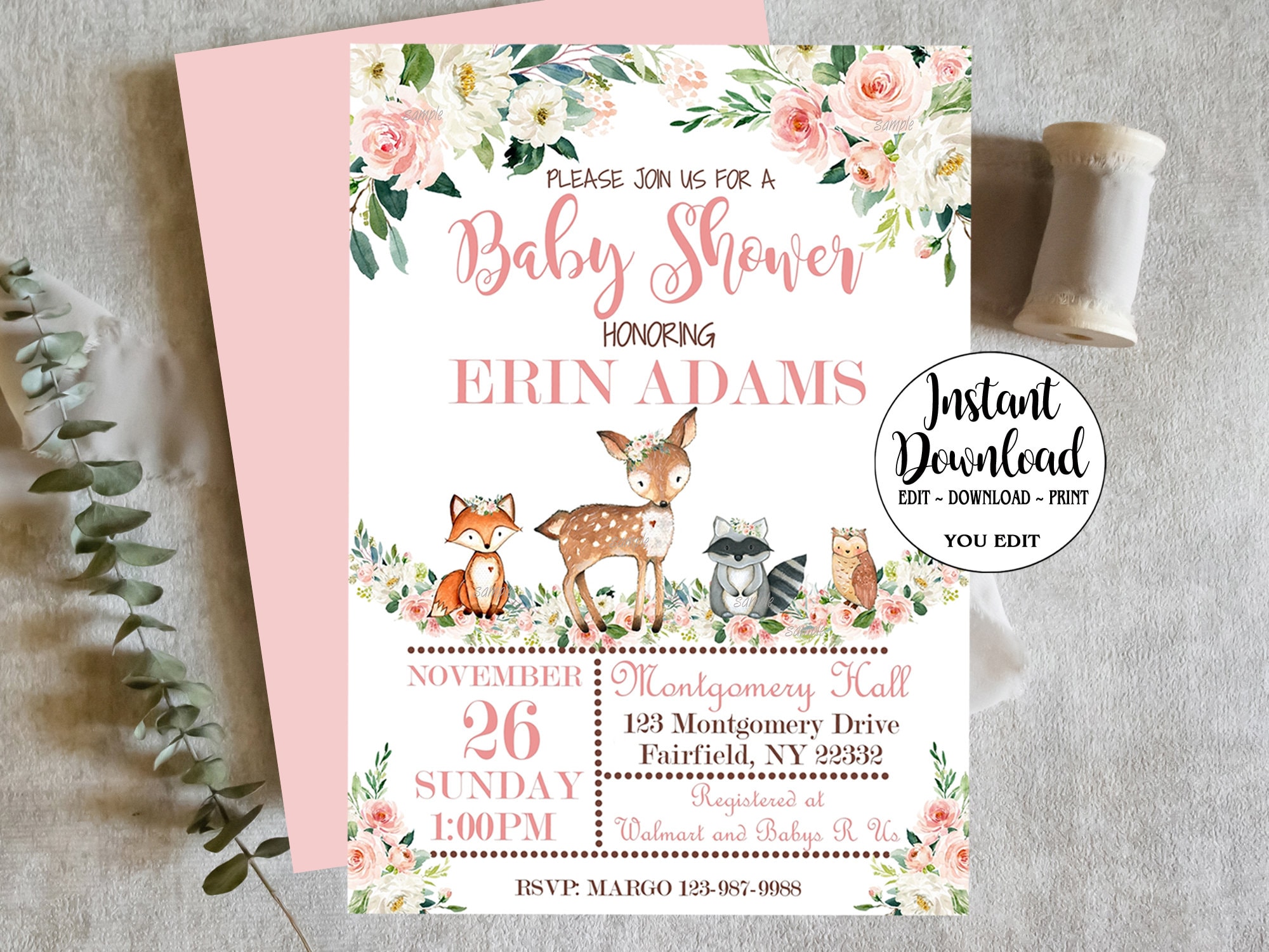 Woodland Baby Shower Invitation Girl Editable Baby Shower Etsy
