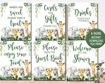 May include: Six printable signs featuring jungle animals, green foliage, and white backgrounds. The signs include text such as "Babies are sweet, please take a treat", "Cards and gifts, thank you", "Drinks, please help yourself", "Please enjoy some food", "Please sign the guest book", and "Welcome to the shower".