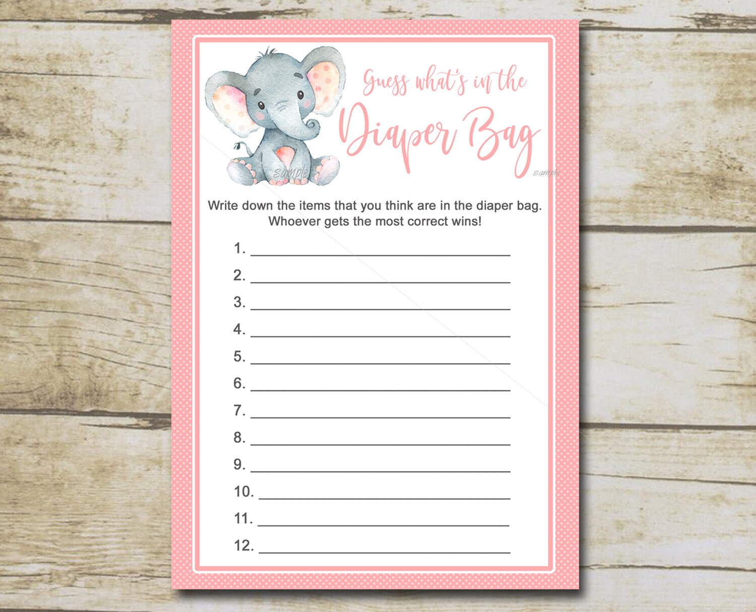 Pink Elephant Baby Shower Game Whats in the Diaper Bag Game Etsy