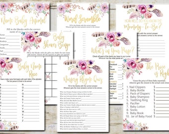 BOHO Teepee Baby Shower Game Package, 8 Printable Games, Vintage Feathers Floral Baby Shower Game party pack, printable Instant Download P49