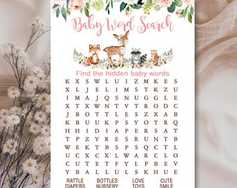 Woodland Baby Shower Game, Word Search Game, Floral Pink Girl Woodland Forest animals baby shower, Printable Instant Download P116