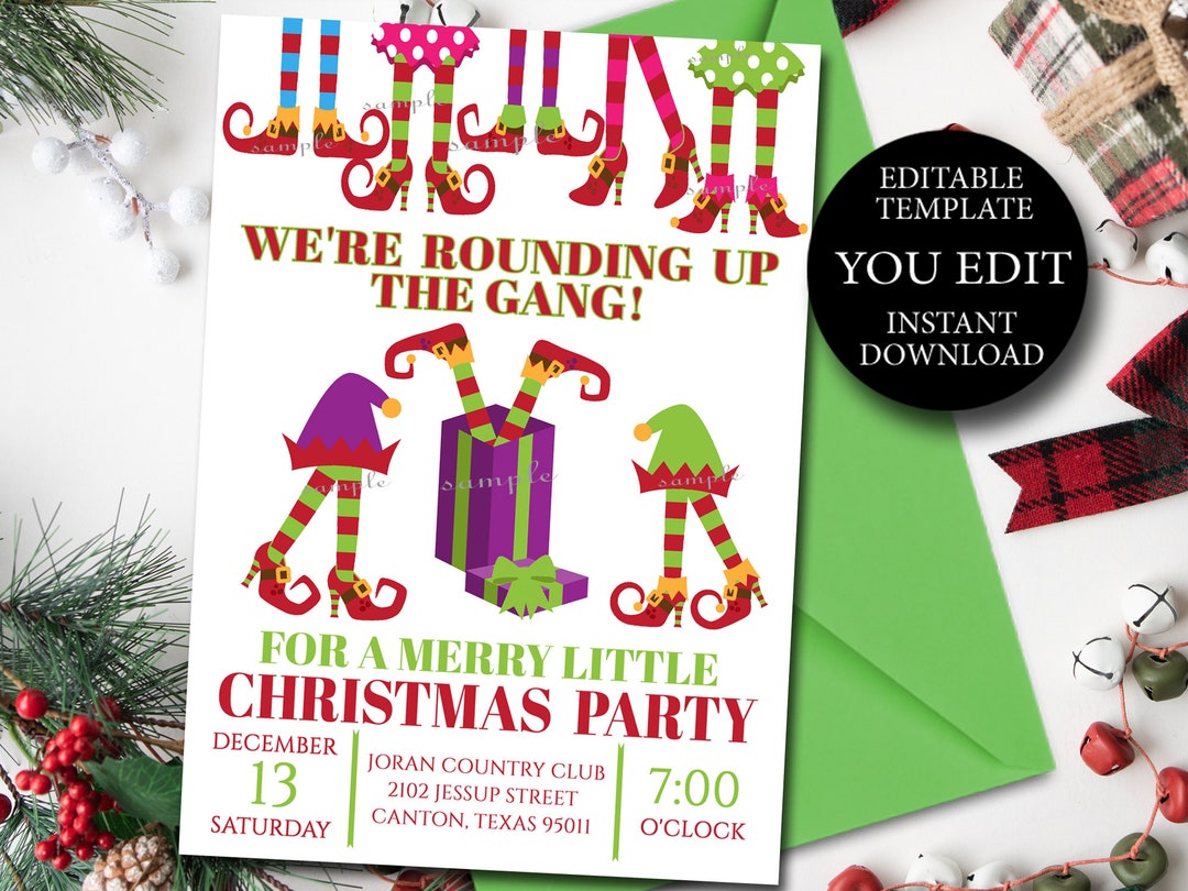 Christmas Holiday Party Invitation, Editable Template, Elf Feet