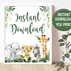 Peut inclure: Affiche imprimable avec le texte "T&eacute;l&eacute;chargement instantan&eacute; Vous imprimez" et une illustration aquarelle d'une girafe, d'un &eacute;l&eacute;phant, d'un lion et d'un z&egrave;bre avec de la v&eacute;g&eacute;tation verte.