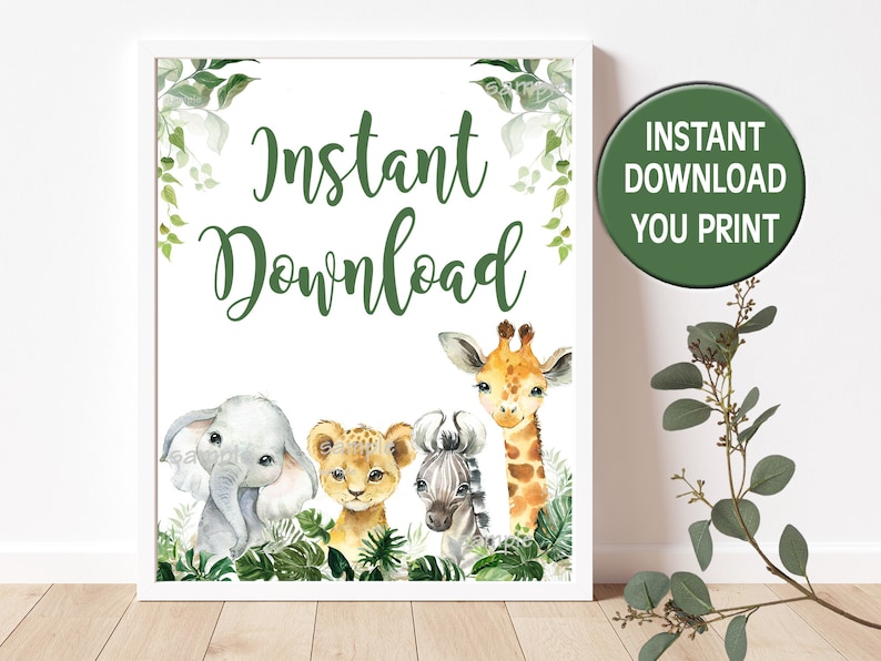 Peut inclure: Affiche imprimable avec le texte "T&eacute;l&eacute;chargement instantan&eacute; Vous imprimez" et une illustration aquarelle d'une girafe, d'un &eacute;l&eacute;phant, d'un lion et d'un z&egrave;bre avec de la v&eacute;g&eacute;tation verte.