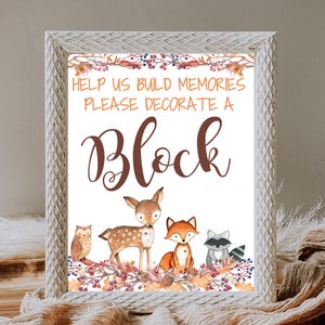 Woodland Forest Animal Decorate a Block game sign,  Woodland Baby Shower activity,  Decorate a Block Sign / INSTANT DOWNLOAD P01