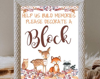 Woodland Forest Animal Decorate a Block game sign,  Woodland Baby Shower activity,  Decorate a Block Sign / INSTANT DOWNLOAD P01