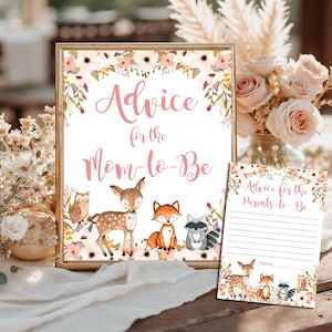Carte et enseigne Woodland Advice for Mom, Floral Pink Girl imprimable Conseils pour future maman imprimable TÉLÉCHARGEMENT INSTANTANÉ correspondant à l'invitation P01A