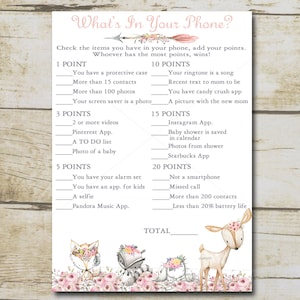 Girl Woodland Baby Shower Game, Whats in Your Phone Game, Boho pink Woodland Forest animals baby shower game, Printable Instant Download P72