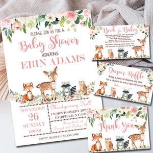 Girl Woodland Baby Shower Invitation kit Pink Woodland animals Editable invite template Book for Baby, Diaper Raffle & Thank You suite  P116