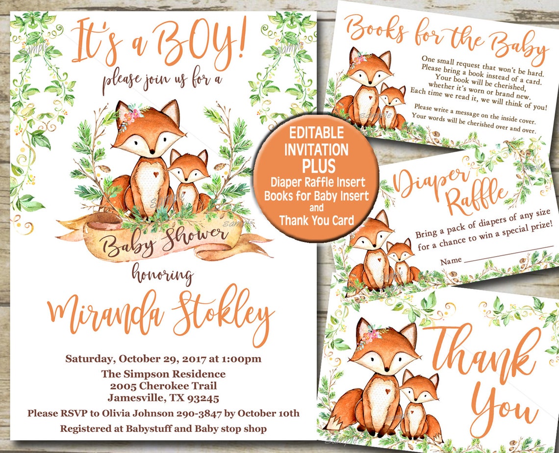 Fox Baby Shower Invitation Kit Editable Invitation Template | Etsy