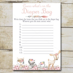 Girl Woodland Baby Shower Game, Whats in the Diaper Bag game, Pink Woodland Forest animals baby shower game, Printable Instant Download P72