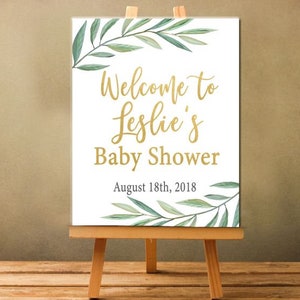 Sinal de boas-vindas para chá de bebê, verde, chá de bebê, folhas aquarela de oliva, cartaz de boas-vindas personalizado para chá de bebê, você imprime arquivo digital p102