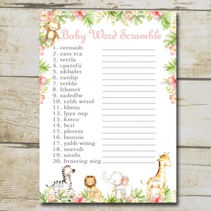 Safari Baby Shower Game, Word Scramble Game, Scramble Shower Game, Pink girl jungle animals baby shower, Printable Instant Download P122