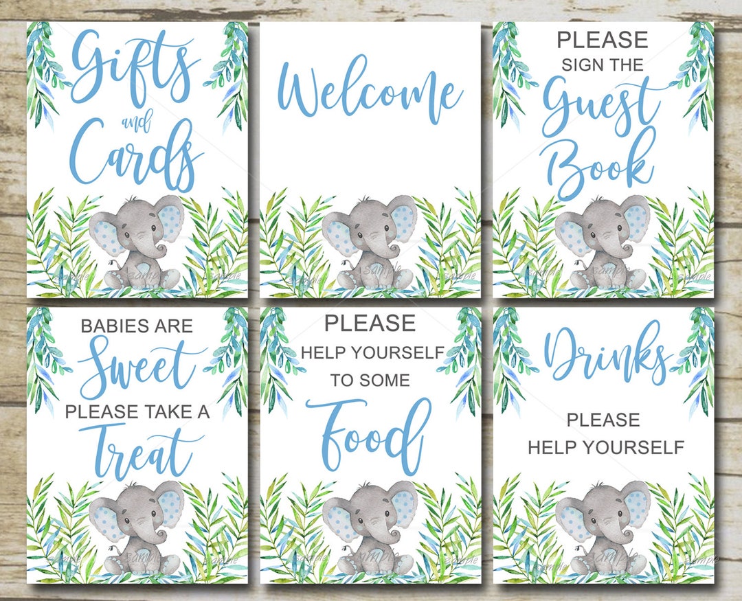 Elephant Baby Shower Signs, 6 Printable Table Signs, Blue Boy Safari ...