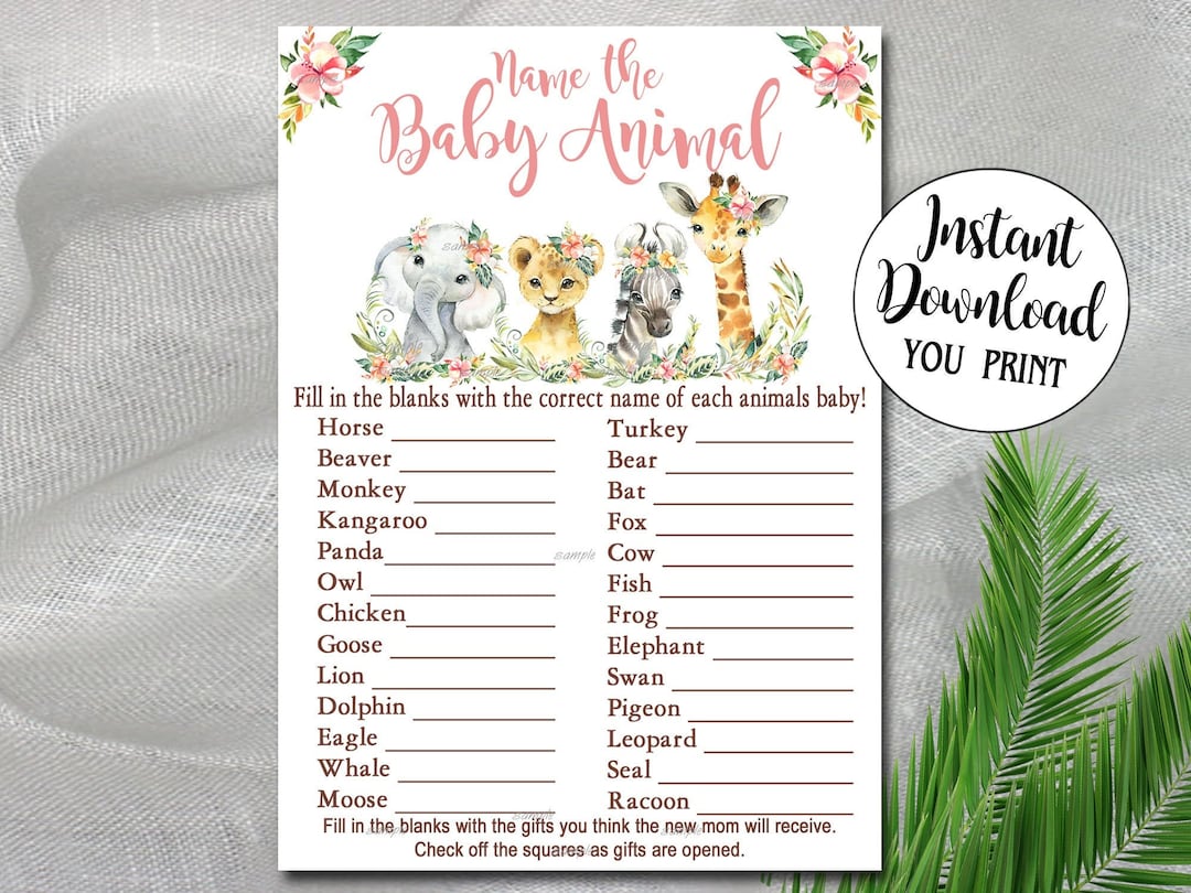 Girl Safari Baby Shower Game, Name the Baby Animals Game, Pink Jungle