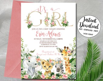Puede incluir: Una invitación de baby shower "Es una niña" con un esquema de color rosa y dorado. La invitación presenta una ilustración de acuarela de una jirafa, un león, un elefante y una cebra con diademas florales. El texto de la invitación dice "Es una niña" y "Únete a nosotros para una baby shower en honor a Erin Adams".