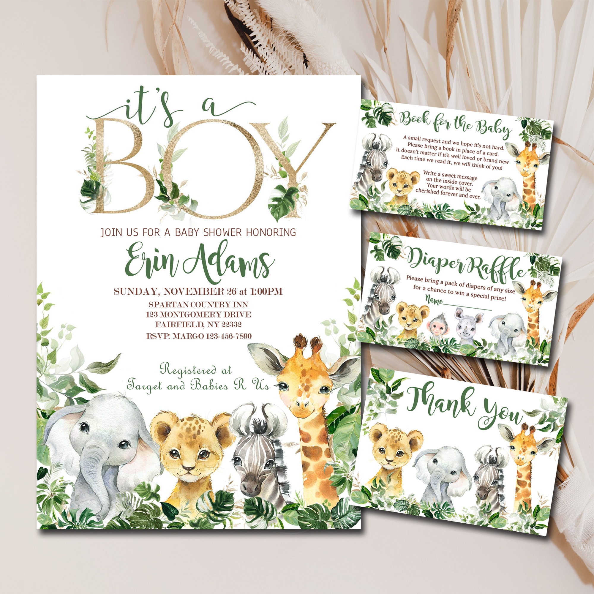 Safari Baby Shower Invitation bundle set, IT'S a BOY. Editable invite template, Book for Baby, Diaper Raffle, Thank You, jungle Animals P155