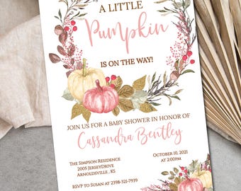 Pink Little Pumpkin Baby Shower Invitation template Editable, Floral Girl Fall Baby Shower Invitation, Autumn You Edit  INSTANT DOWNLOAD P96