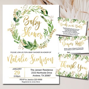 Greenery Baby Shower invitation Kit, Gold Editable Invitation template, Books for Baby, Diaper Raffle & Thank You Suite INSTANT DOWNLOAD P60