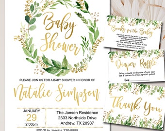 Greenery Baby Shower invitation Kit, Gold Editable Invitation template, Books for Baby, Diaper Raffle & Thank You Suite INSTANT DOWNLOAD P60